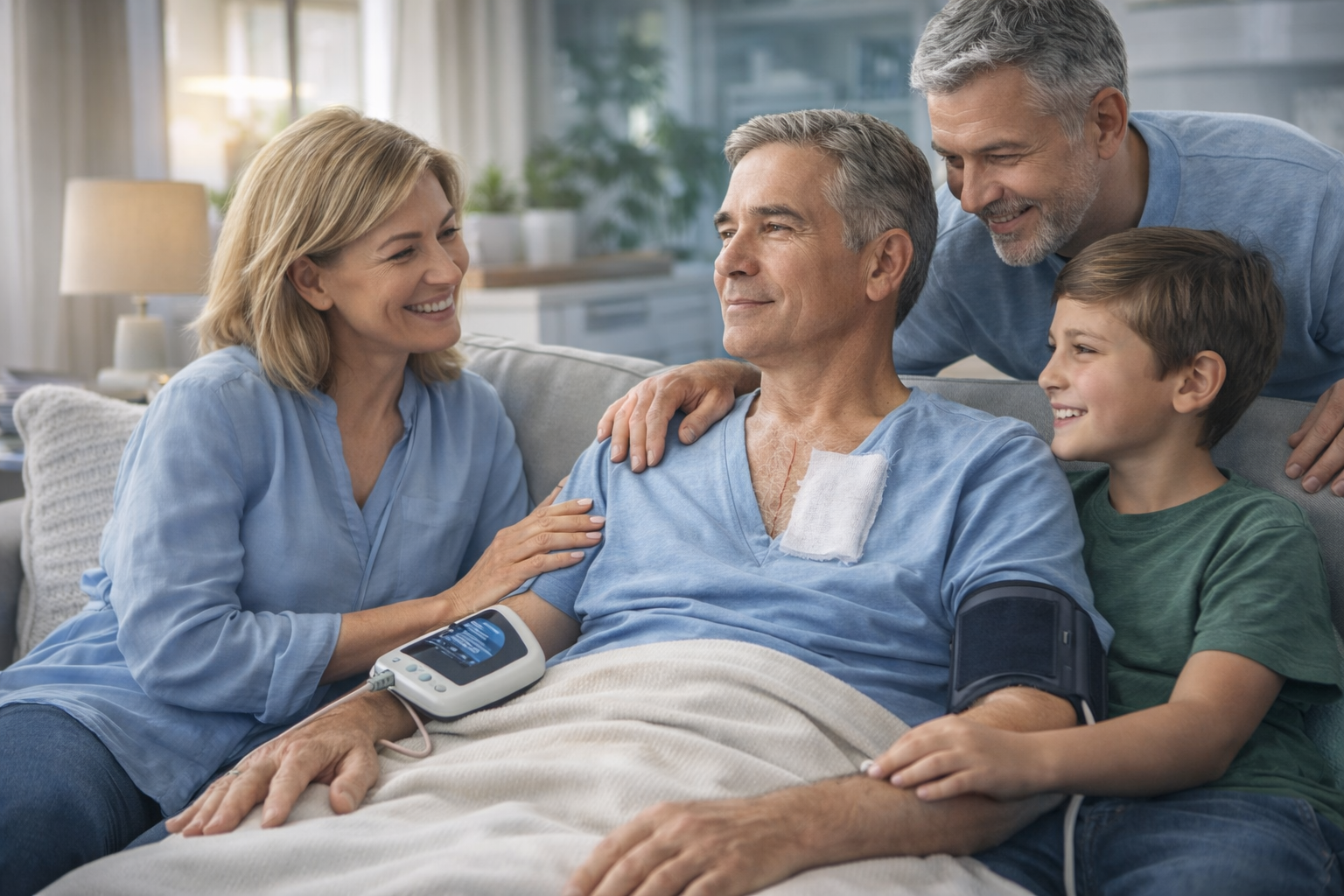 A patient recovering post-surgery, surrounded by family, symbolizing the support and positive outcomes of minimally invasive reoperative cardiac procedures.