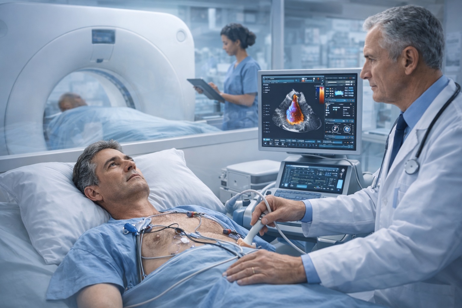 A patient undergoing a preoperative evaluation, including diagnostic tests like echocardiograms, to prepare for reoperative cardiac surgery