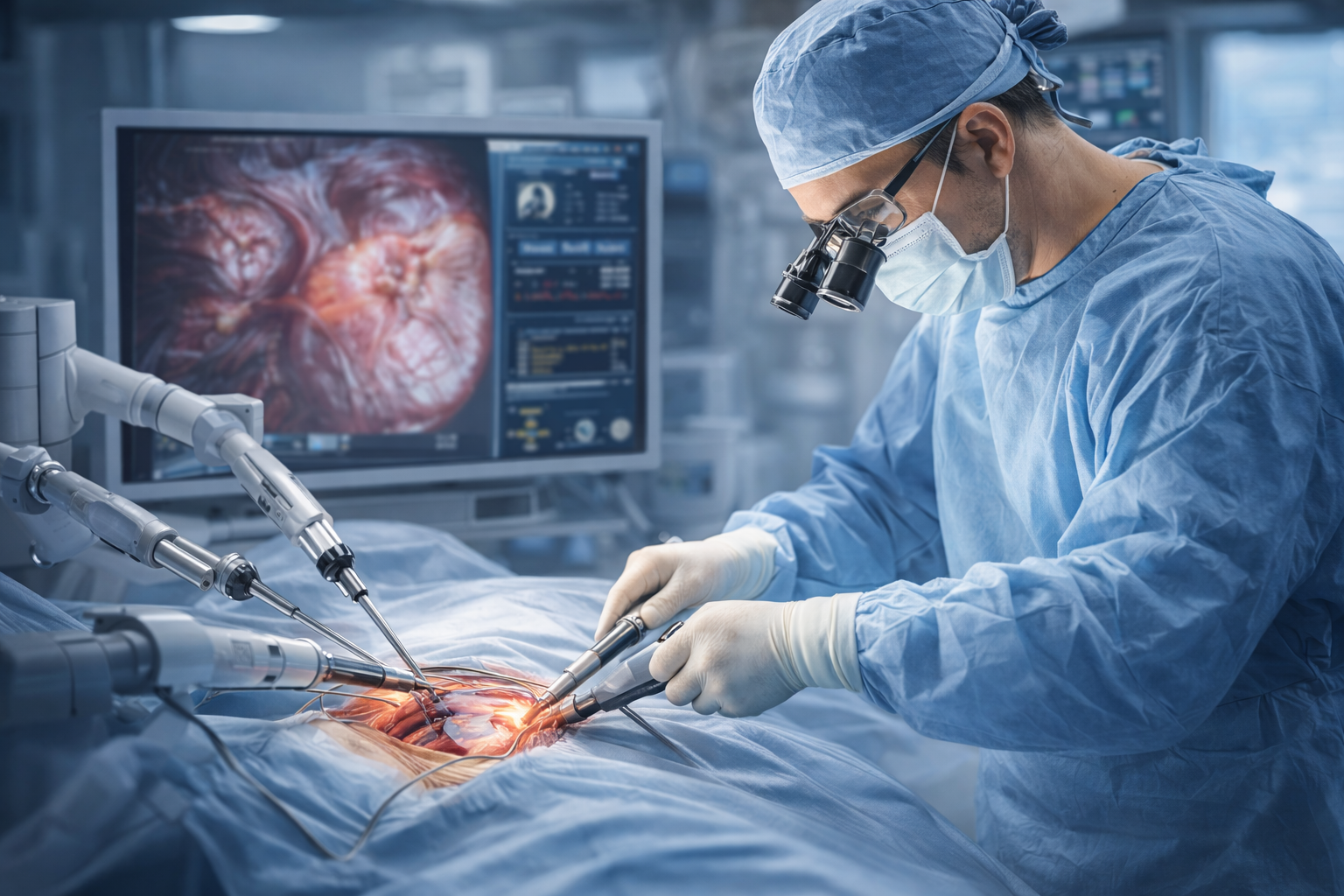 A surgeon performing minimally invasive cardiac surgery with specialized instruments, highlighting the precision and care involved in reoperative procedures