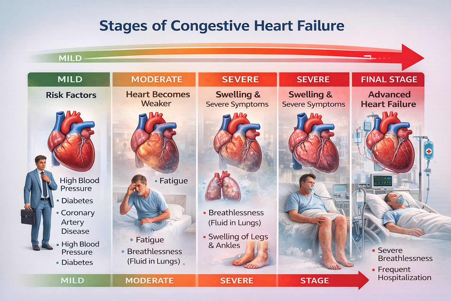 A visual representation of the stages of congestive heart failure, illustrating the progression from mild to severe.
