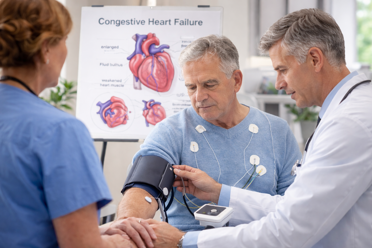 A patient with congestive heart failure receiving a medical check-up, focusing on monitoring and management of symptoms